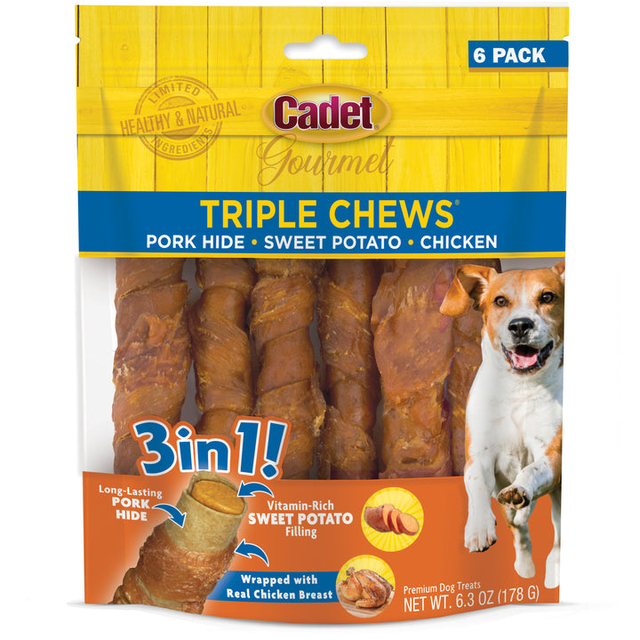 Cadet Gourmet Triple Chews Pork Hide Twists Chicken &amp; Sweet Potato (6 Count)