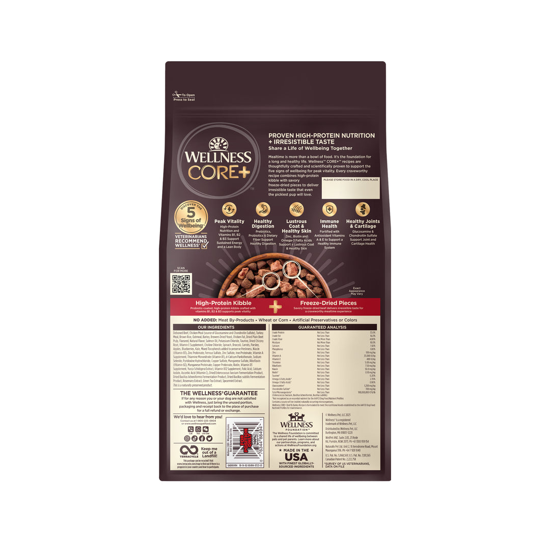 Wellness CORE+ Dry Dog Food with Freeze Dried Pieces, Wholesome Grains, High Protein, Natural, Beef &amp; Barley Recipe, (4-Pound Bag)