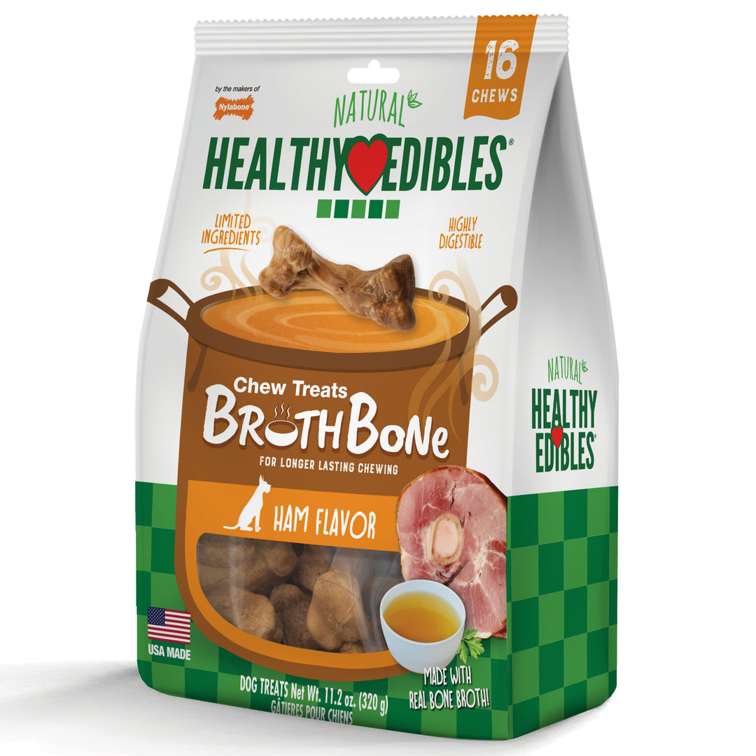 Nylabone Healthy Edibles Broth Bone All-Natural Long Lasting Chew Treats Ham Small (16 Count)