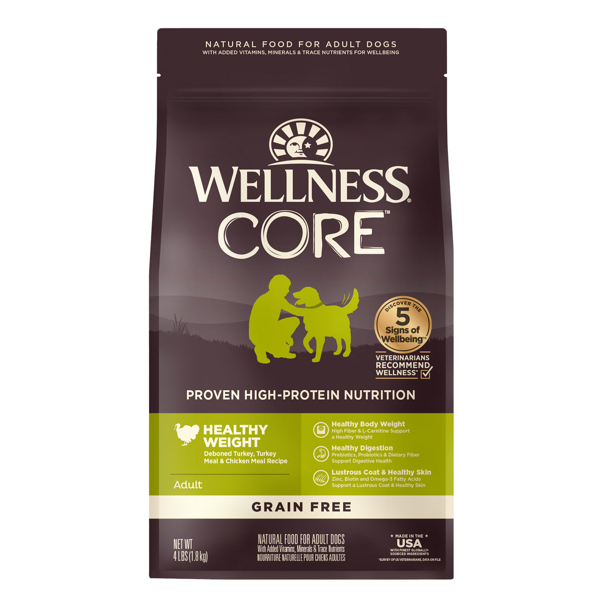 Wellness CORE Dry Dog Food, Grain-Free, High Protein, Natural, Healthy Weight Deboned Turkey, Turkey Meal & Chicken Meal Recipe, (4-Pound Bag)