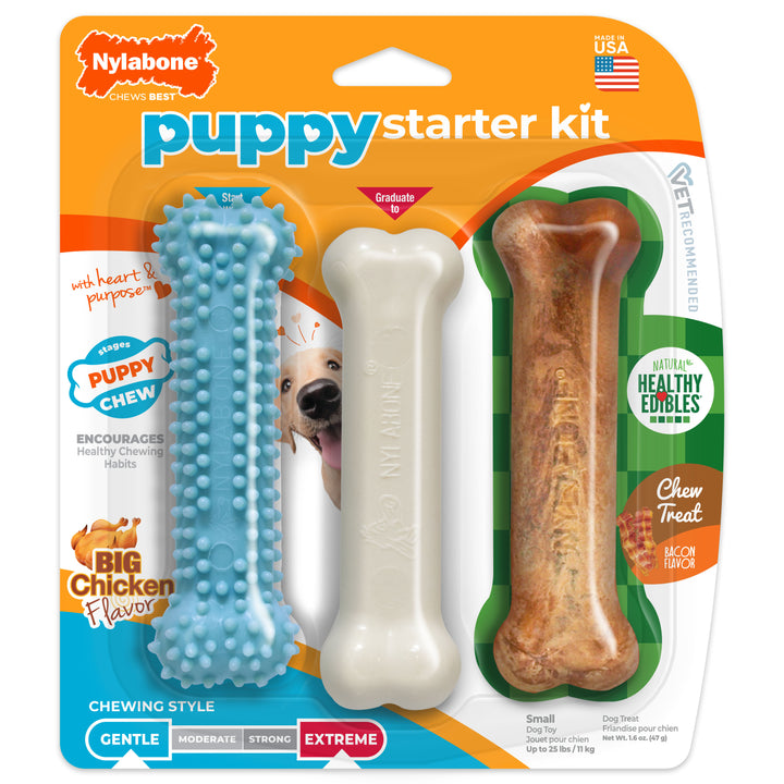 Nylabone Puppy Chew Starter Kit Chew Toy with Chew Treat Chicken &amp; Bacon Blue Small (3 Count)