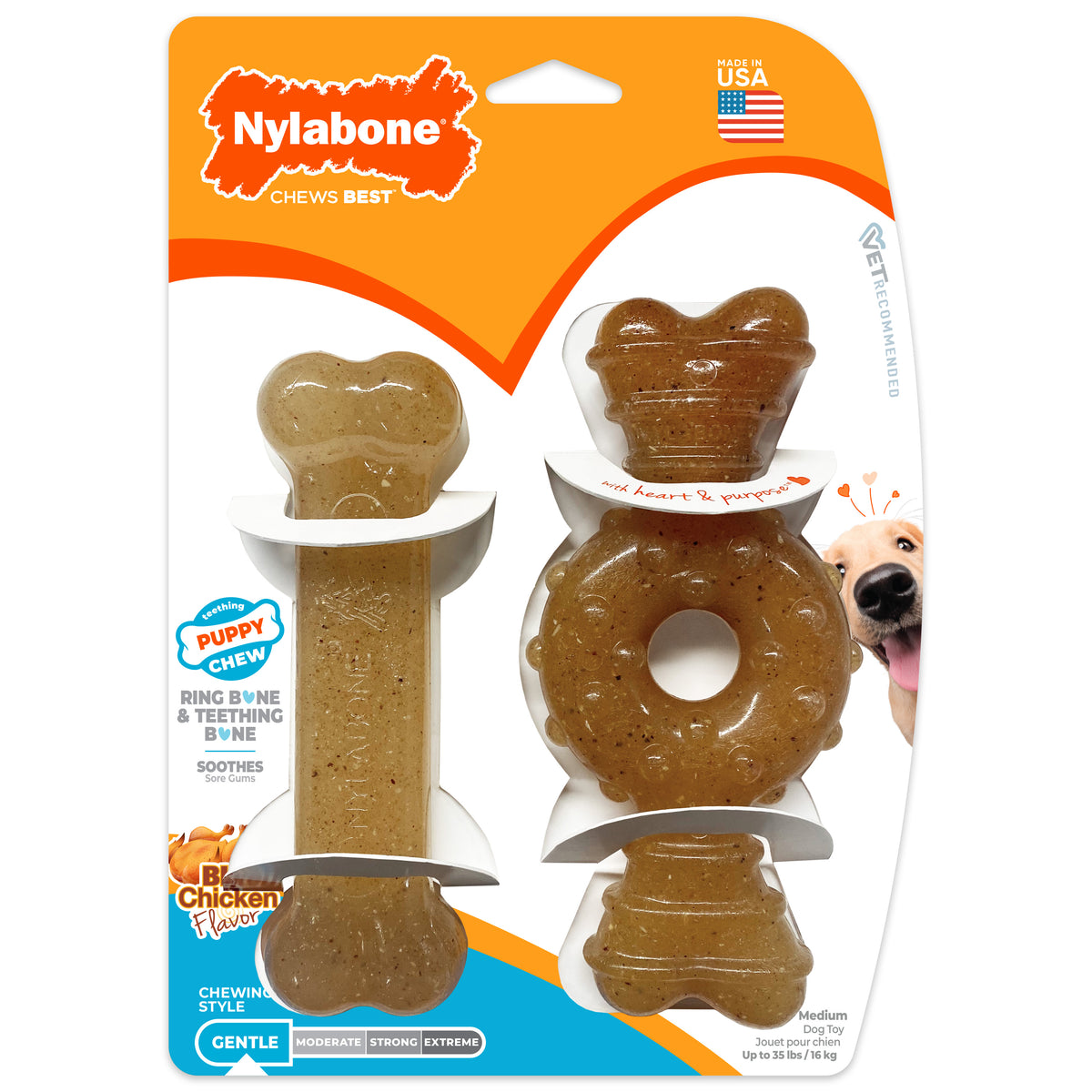Nylabone Puppy Chew Teething Bone & Ring Bone Chew Toy Chicken Medium (2 Count)
