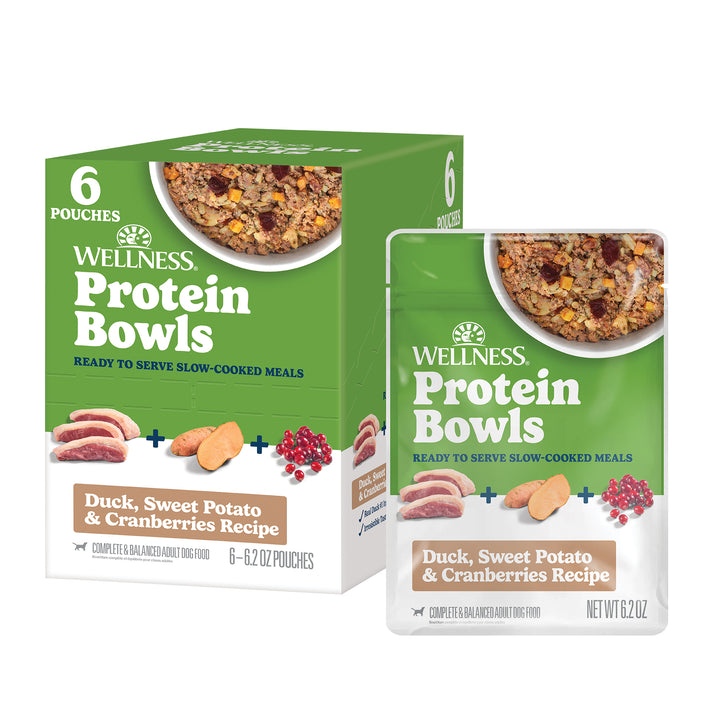 Wellness Protein Bowls, Adult Fresh Alternative Dog Food, Wholesome Grains, 6.2 Ounce Pouch, 6 Pack, (Duck, Sweet Potato &amp; Cranberries Recipe)