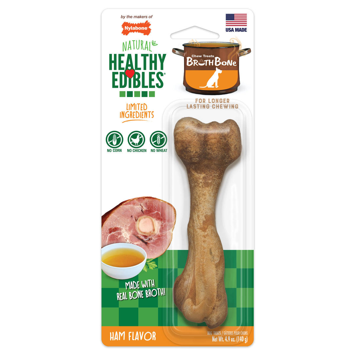 Nylabone Healthy Edibles Broth Bone All-Natural Long Lasting Chew Treats Ham Large (1 Count)