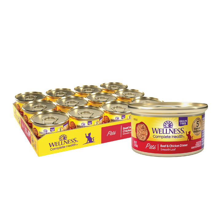 Wellness Complete Health Pate Adult Wet Cat Food, Natural, Protein-Rich, Grain Free, 3 Ounce, 24 Pack, (Beef &amp; Chicken)