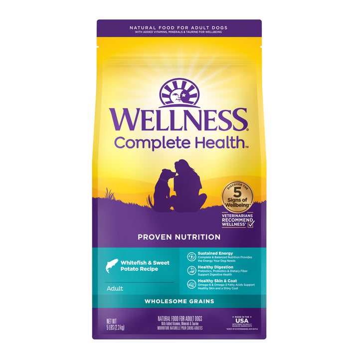 Wellness Complete Health Dry Dog Food, Wholesome Grains, Natural, Whitefish &amp; Sweet Potato, (5-Pound Bag)