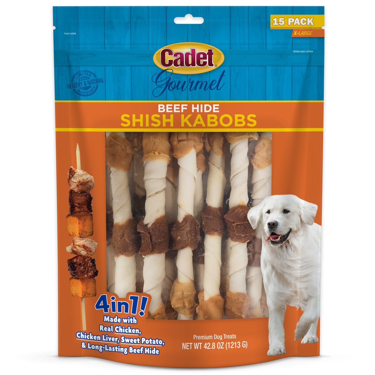 Cadet Gourmet Beef Hide Shish Kabob Dog Treats 42.8 Ounce (15 Count)