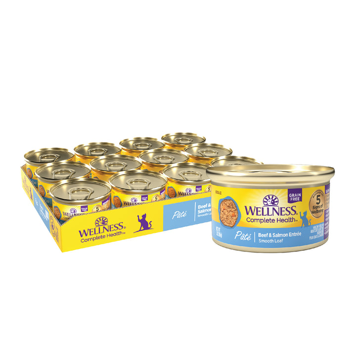 Wellness Complete Health Pate Adult Wet Cat Food, Natural, Protein-Rich, Grain Free, 3 Ounce, 24 Pack, (Beef &amp; Salmon)