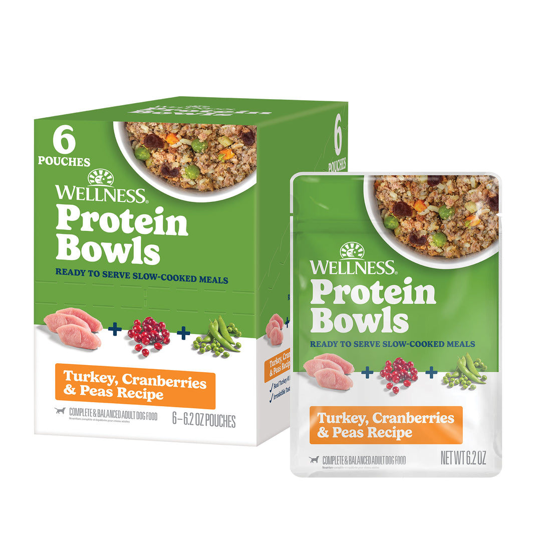Wellness Protein Bowls, Adult Fresh Alternative Dog Food, Wholesome Grains, 6.2 Ounce Pouch, 6 Pack, (Turkey, Cranberries &amp; Peas Recipe)