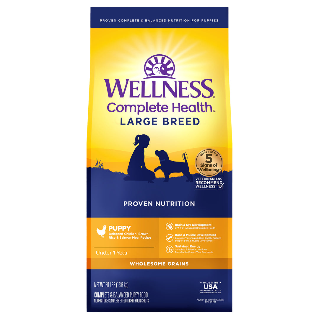 Wellness Complete Health Puppy Dry Dog Food, Large Breed, Wholesome Grains, Natural, Chicken, Brown Rice and Salmon Meal Recipe, (30-Pound Bag)