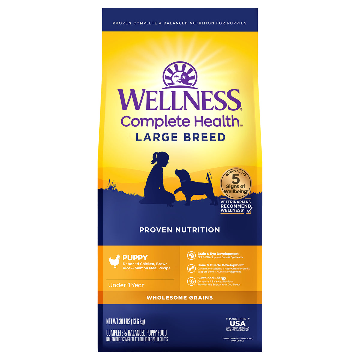 Wellness Complete Health Puppy Dry Dog Food, Large Breed, Wholesome Grains, Natural, Chicken, Brown Rice and Salmon Meal Recipe, (30-Pound Bag)