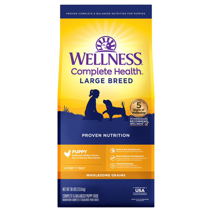 Wellness Complete Health Puppy Dry Dog Food, Large Breed, Wholesome Grains, Natural, Chicken, Brown Rice and Salmon Meal Recipe, (30-Pound Bag)