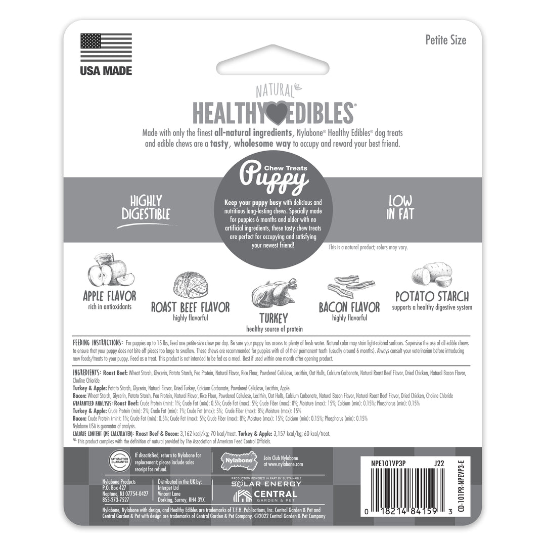 Nylabone Healthy Edibles All-Natural Long Lasting Puppy Chew Treats Roast Beef, Turkey, Apple, Bacon X-Small (3 Count)