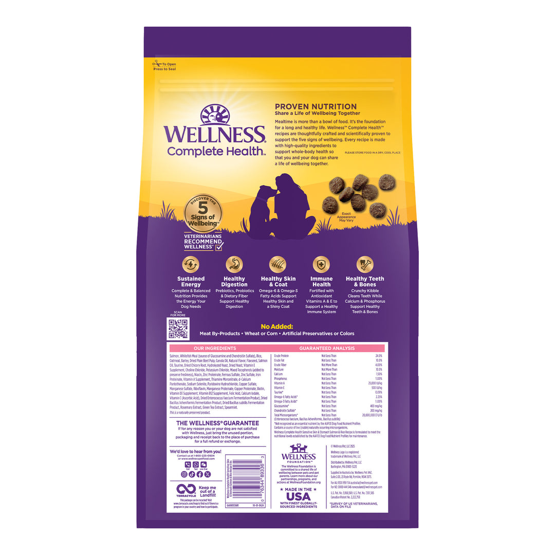 Wellness Complete Health Sensitive Skin &amp; Stomach Dry Dog Food, Wholesome Grains, Natural, Salmon &amp; Rice Recipe, (5-Pound Bag)
