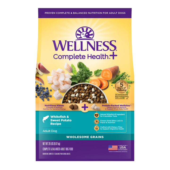 Wellness Complete Health+ Dry Dog Food, Adult Whitefish &amp; Sweet Potato Recipe with Freeze-Dried Wellbites (20 Pound Bag)
