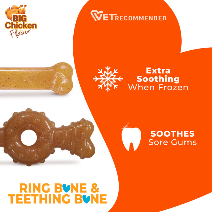 Nylabone Puppy Chew Teething Bone &amp; Ring Bone Chew Toy Chicken Medium (2 Count)