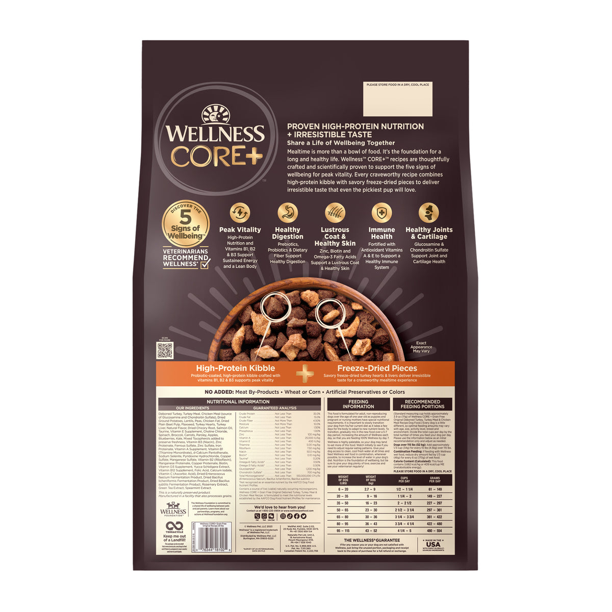 Wellness CORE+ Dry Dog Food with Freeze Dried Pieces, Grain-Free, High Protein, Natural, Original Deboned Turkey, Turkey Meal & Chicken Meal Recipe, (20-Pound Bag)