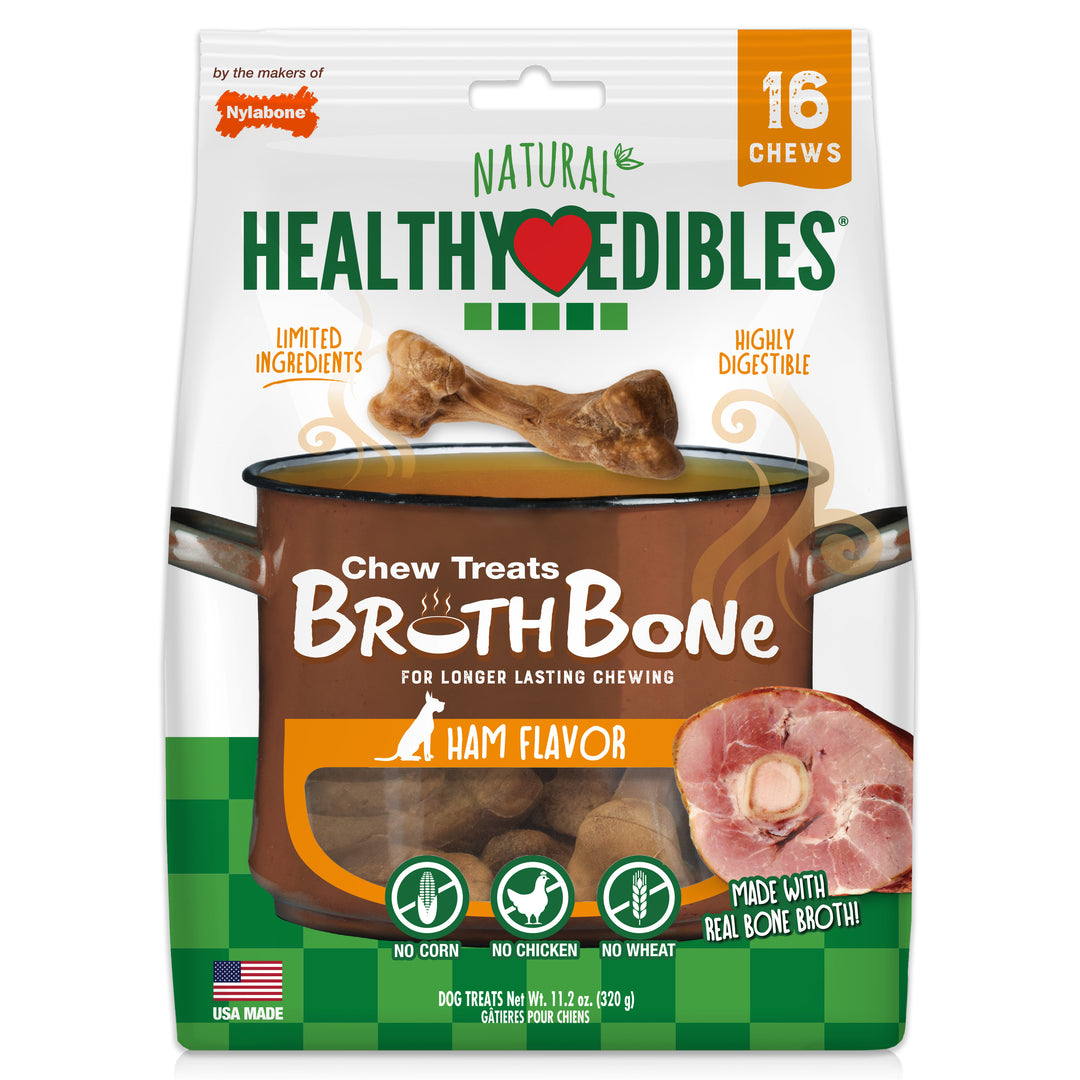 Nylabone Healthy Edibles Broth Bone All-Natural Long Lasting Chew Treats Ham Small (16 Count)