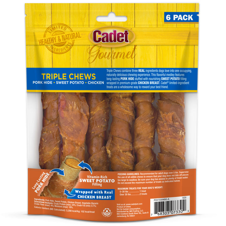 Cadet Gourmet Triple Chews Pork Hide Twists Chicken &amp; Sweet Potato (6 Count)