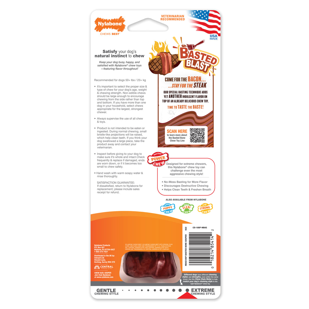 Nylabone Power Chew Basted Blast Textured Bone Dog Chew Toy Bacon &amp; Steak X-Large (1 Count)