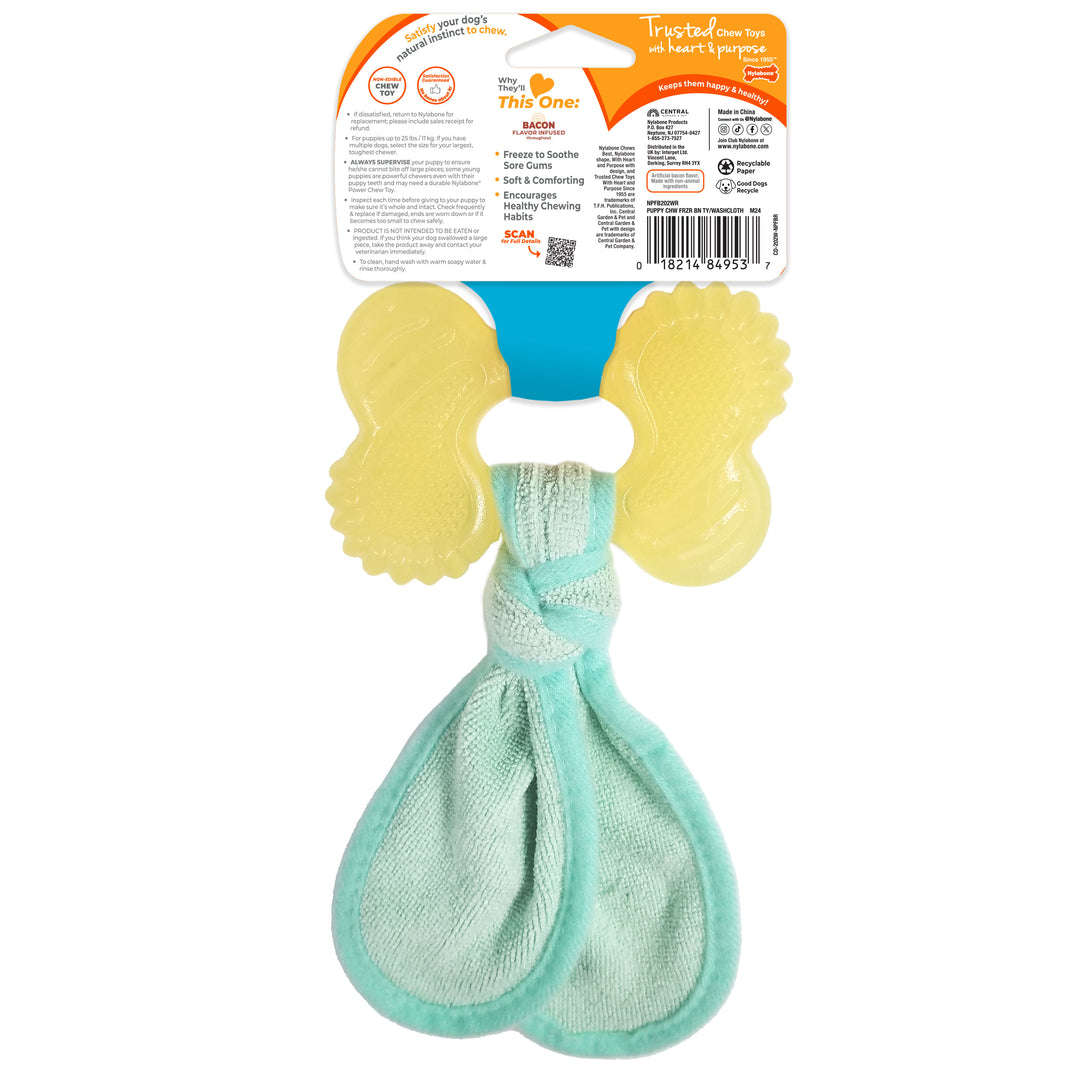 Nylabone Puppy Chew 2-in-1 Teething Freezer Bone Cloth Chew Toy Bacon Yellow Small (1 Count)