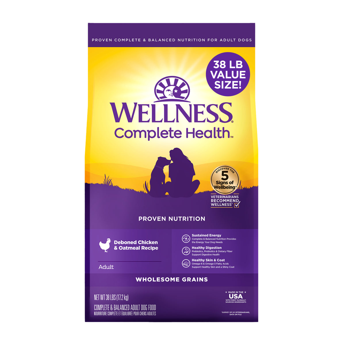Wellness Complete Health Dry Dog Food, Wholesome Grains, Chicken & Oatmeal Recipe, 38-Pound Bag