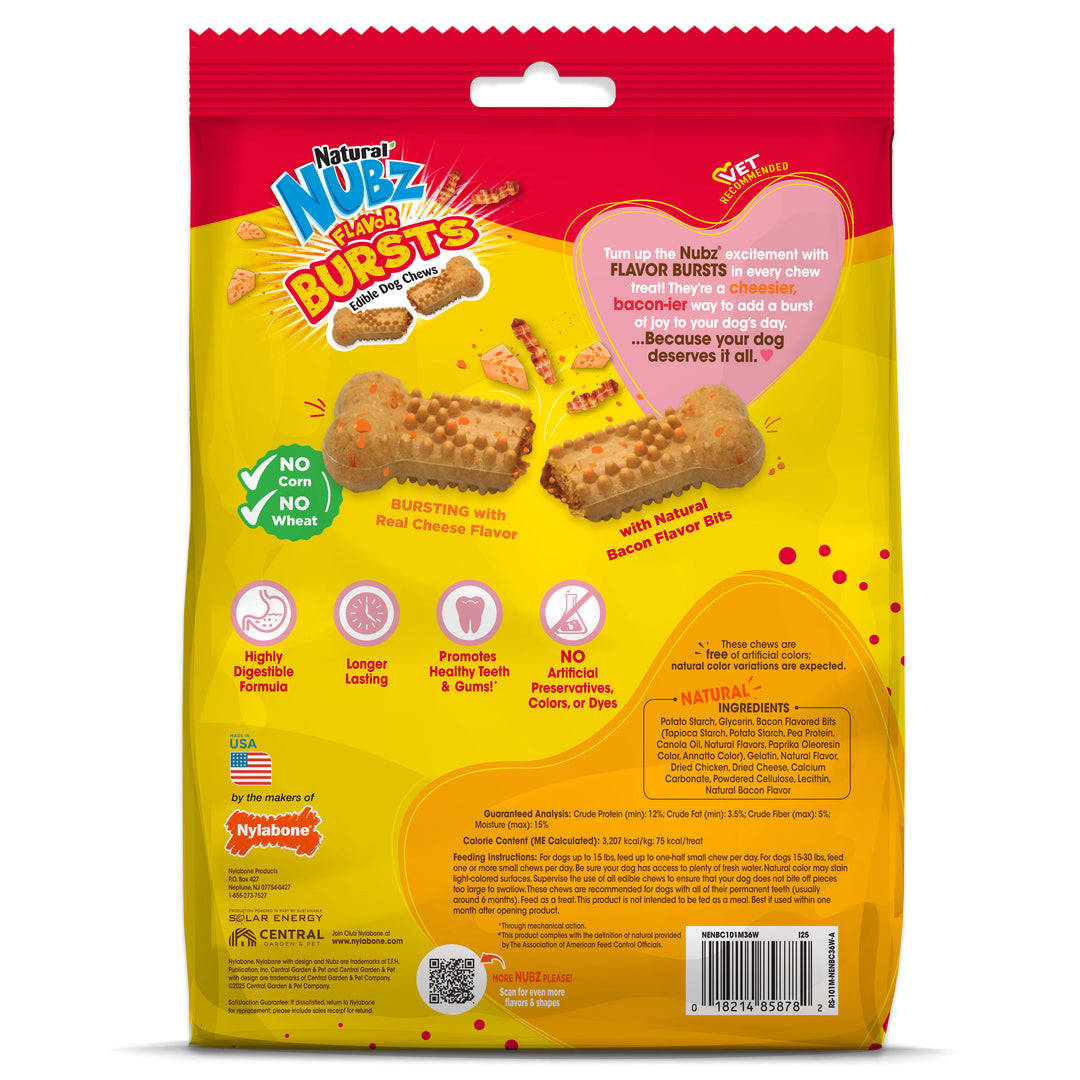 Nylabone Nubz Flavor Bursts Dog Chew Treats Bacon &amp; Cheese Small (36 Count)