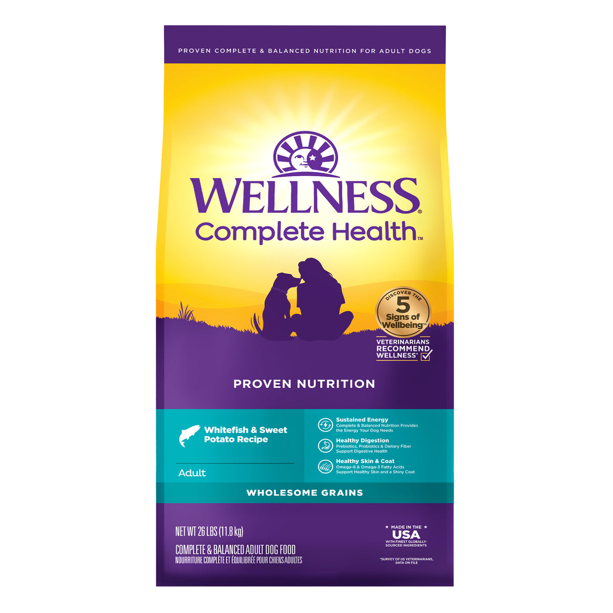 Wellness Complete Health Dry Dog Food, Wholesome Grains, Natural, Whitefish & Sweet Potato Recipe, (26-Pound Bag)