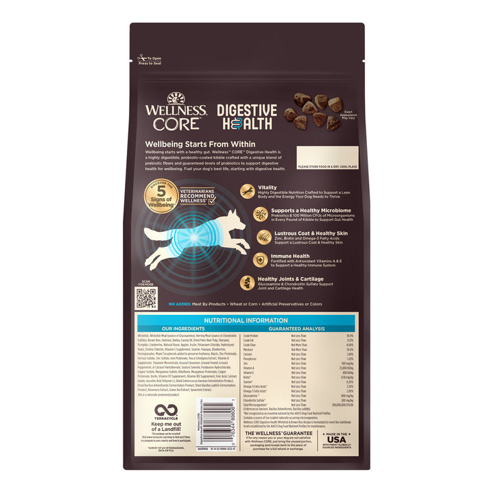 Wellness CORE Digestive Health Dry Dog Food, Wholesome Grains, Natural Ingredients for Dogs with Sensitive Stomachs, Whitefish &amp; Brown Rice Recipe, (4-Pound Bag)