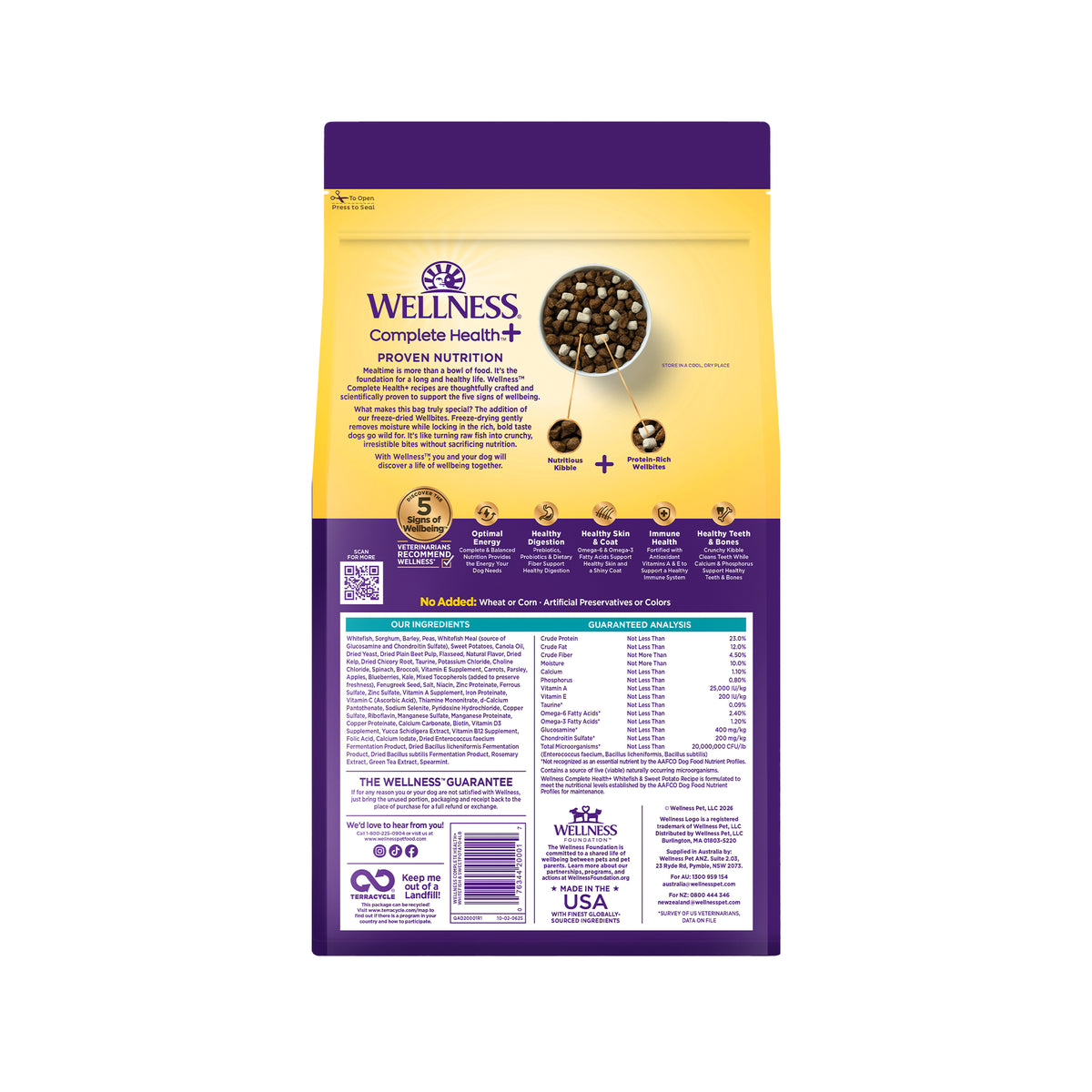 Wellness Complete Health+ Dry Dog Food, Adult Whitefish & Sweet Potato Recipe with Freeze-Dried Wellbites (4 Pound Bag)