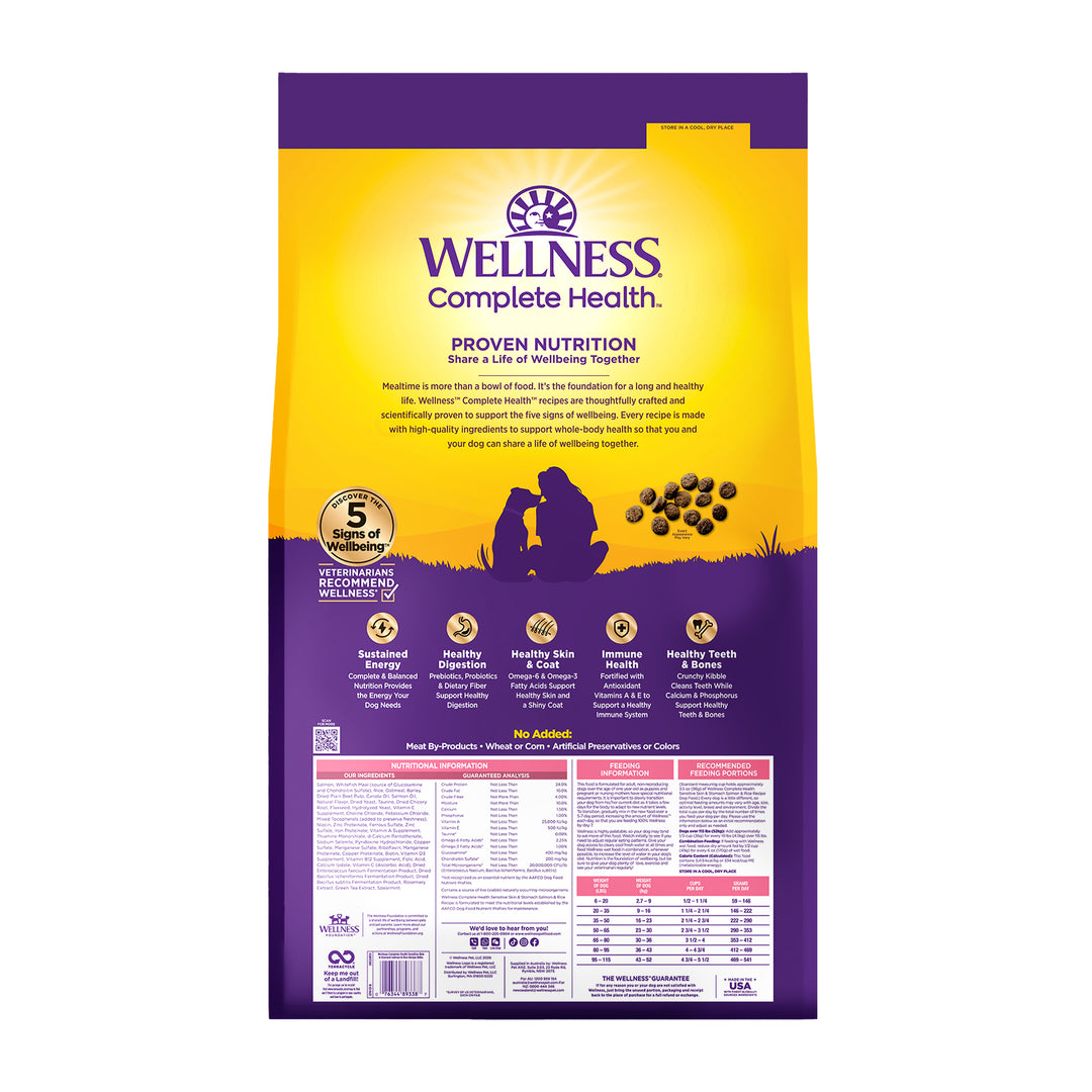 Wellness Complete Health Sensitive Skin &amp; Stomach Dry Dog Food, Wholesome Grains, Salmon &amp; Rice Recipe, 38-Pound Bag