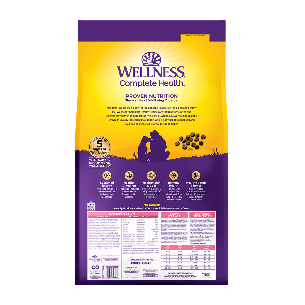 Wellness Complete Health Sensitive Skin & Stomach Dry Dog Food, Wholesome Grains, Salmon & Rice Recipe, 38-Pound Bag