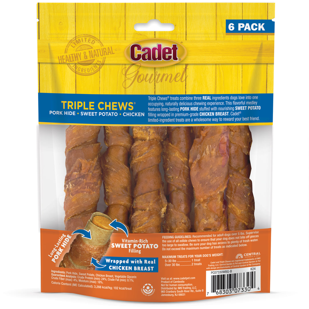 Cadet Gourmet Triple Chews Pork Hide Twists Chicken &amp; Sweet Potato (6 Count)