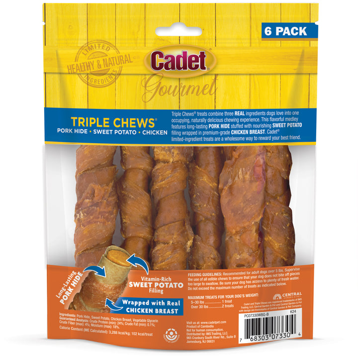 Cadet Gourmet Triple Chews Pork Hide Twists Chicken &amp; Sweet Potato (6 Count)