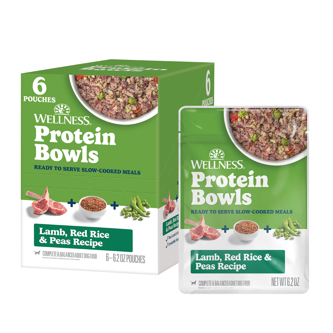 Wellness Protein Bowls, Adult Fresh Alternative Dog Food, Wholesome Grains, 6.2 Ounce Pouch, 6 Pack, (Lamb, Red Rice &amp; Peas Recipe)