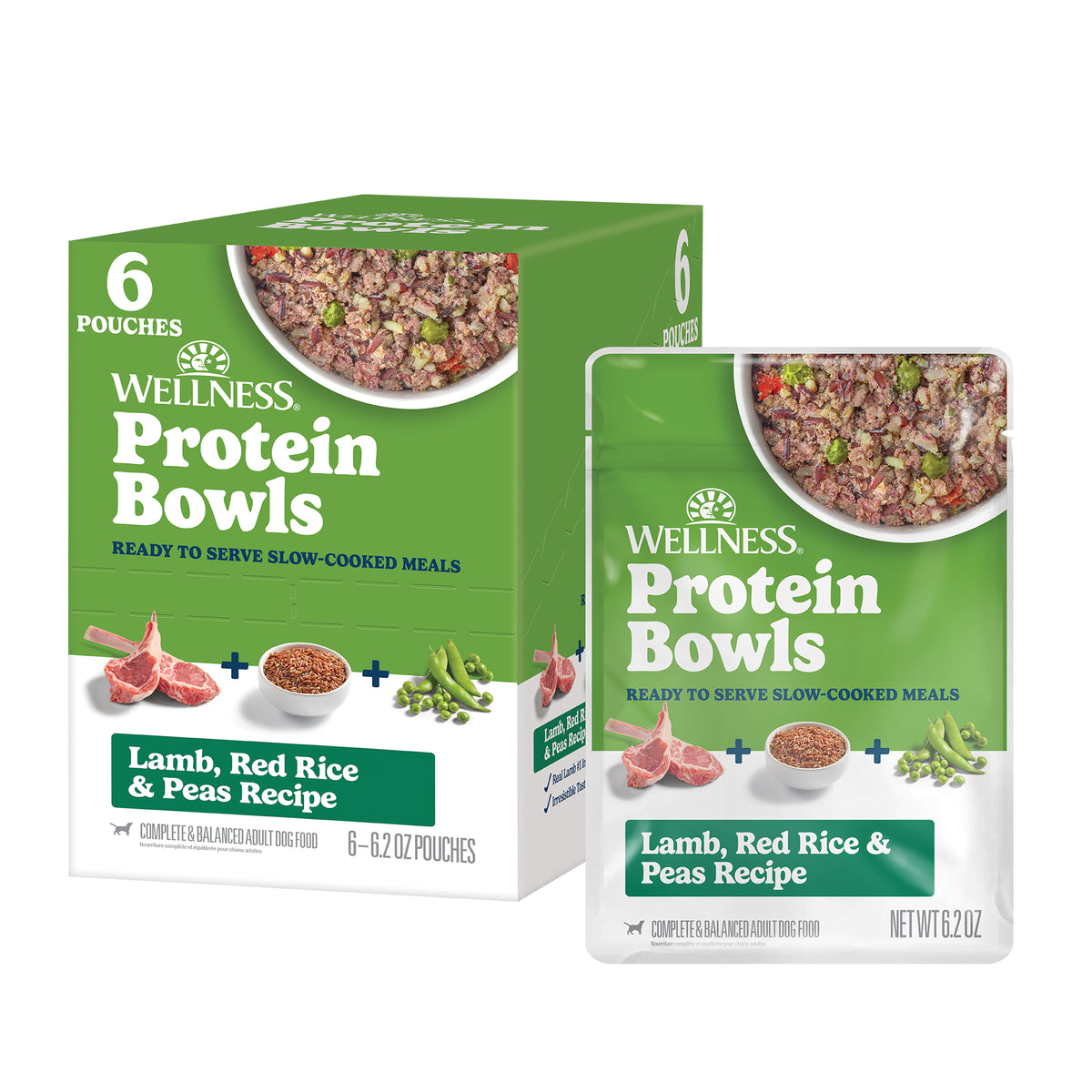 Wellness Protein Bowls, Adult Fresh Alternative Dog Food, Wholesome Grains, 6.2 Ounce Pouch, 6 Pack, (Lamb, Red Rice & Peas Recipe)