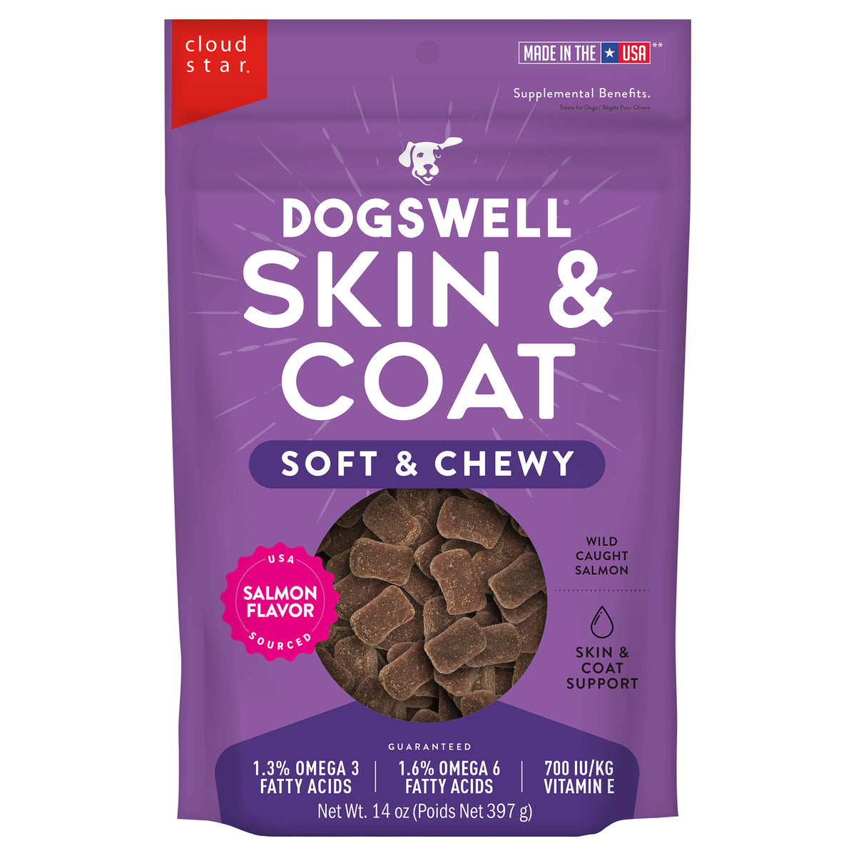 Dogswell Salmon Flavor Skin Coat Soft Chewy Dog Treats 14 oz.