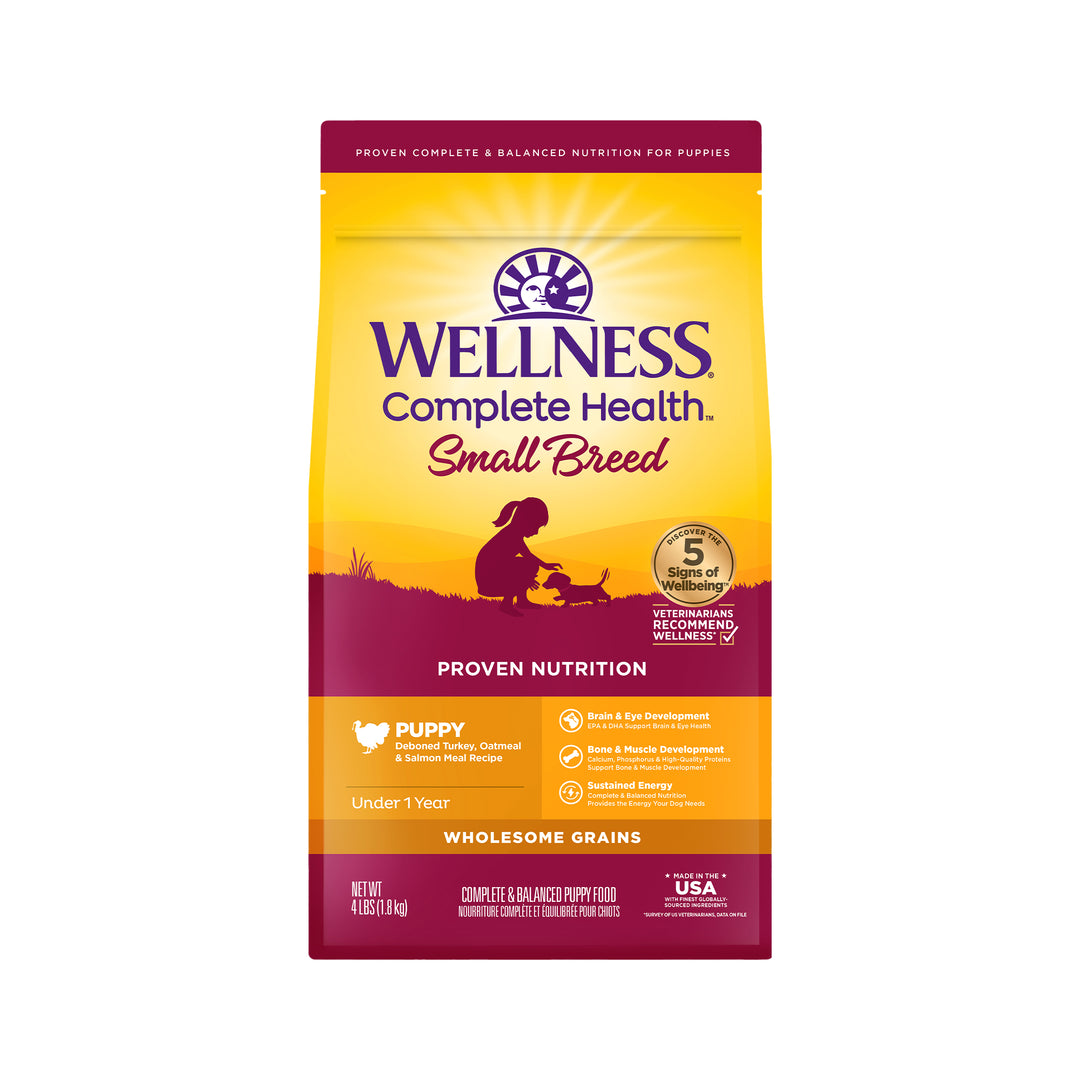 Wellness Complete Health Puppy Dry Dog Food, Small Breed, Wholesome Grains, Natural, Turkey, Oatmeal, &amp; Salmon Recipe, (4-Pound Bag)