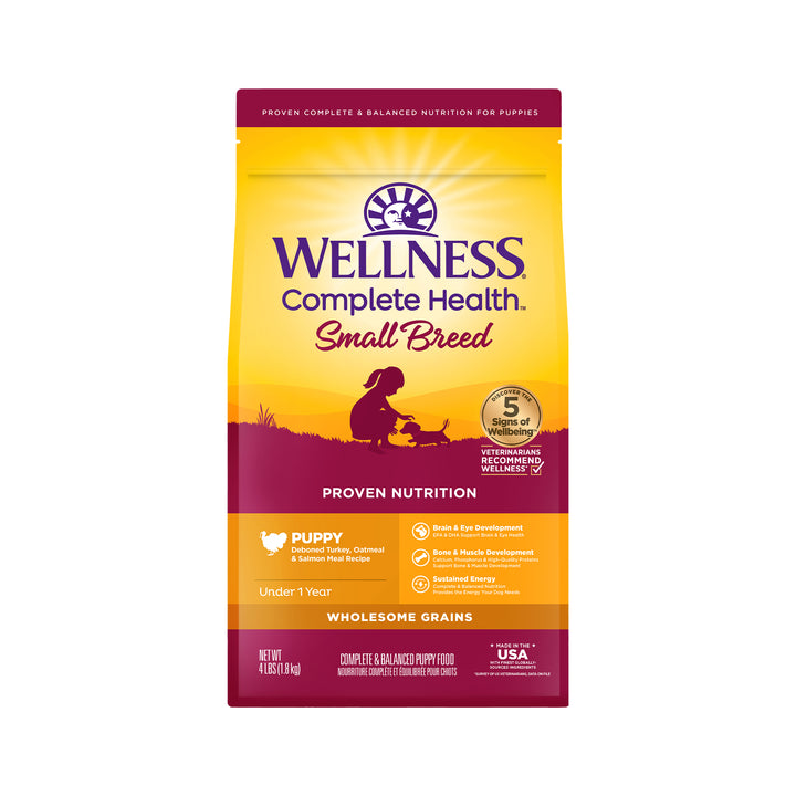 Wellness Complete Health Puppy Dry Dog Food, Small Breed, Wholesome Grains, Natural, Turkey, Oatmeal, &amp; Salmon Recipe, (4-Pound Bag)