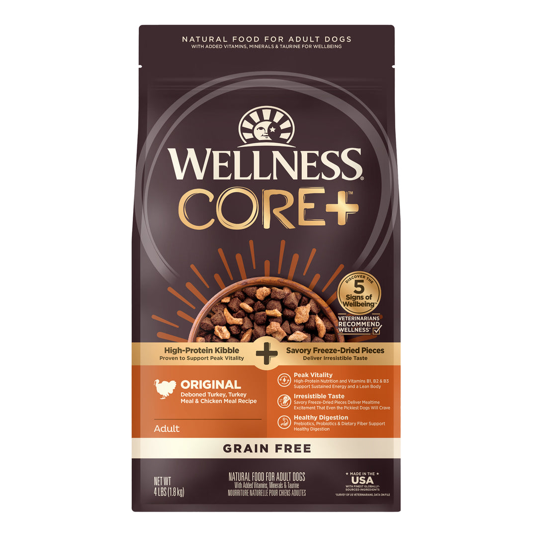 Wellness CORE+ Dry Dog Food with Freeze Dried Pieces, Grain-Free, High Protein, Natural, Original Deboned Turkey, Turkey Meal &amp; Chicken Meal Recipe, (4-Pound Bag)