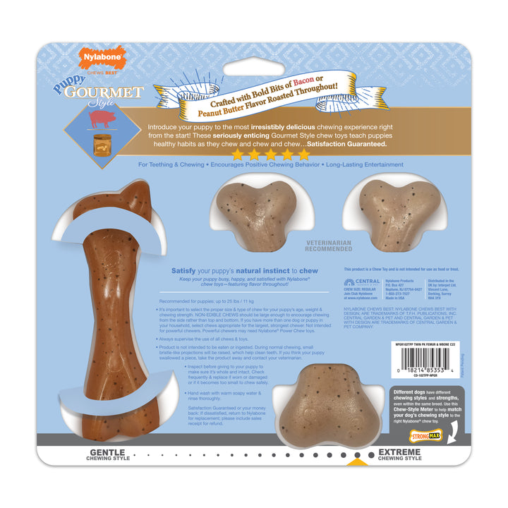 Nylabone Strong Chew Gourmet Style Wishbone &amp; Femur Bone Puppy Chew Toys Peanut Butter &amp; Bacon Small (2 Count)