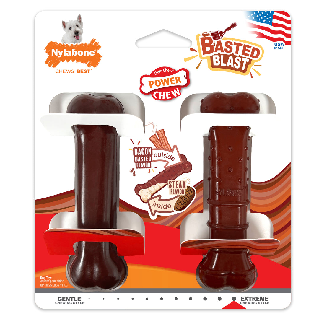 Nylabone Power Chew Basted Blast Original &amp; Textured Bone Dog Chew Toys Bacon &amp; Steak Small (2 Count)