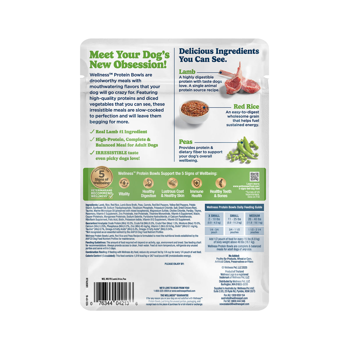 Wellness Protein Bowls, Adult Fresh Alternative Dog Food, Wholesome Grains, 6.2 Ounce Pouch, 6 Pack, (Lamb, Red Rice & Peas Recipe)