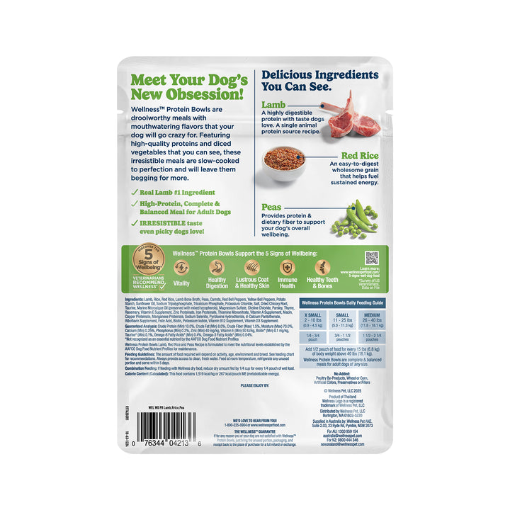Wellness Protein Bowls, Adult Fresh Alternative Dog Food, Wholesome Grains, 6.2 Ounce Pouch, 6 Pack, (Lamb, Red Rice &amp; Peas Recipe)
