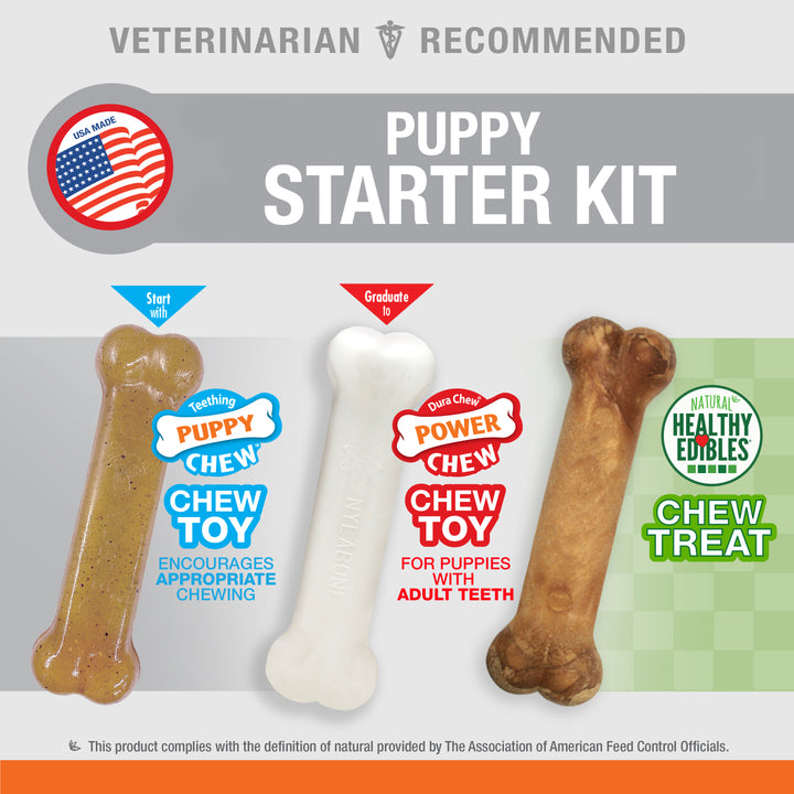 Nylabone Puppy Chew Starter Kit Chew Toy with Chew Treat Chicken &amp; Bacon Small (3 Count)