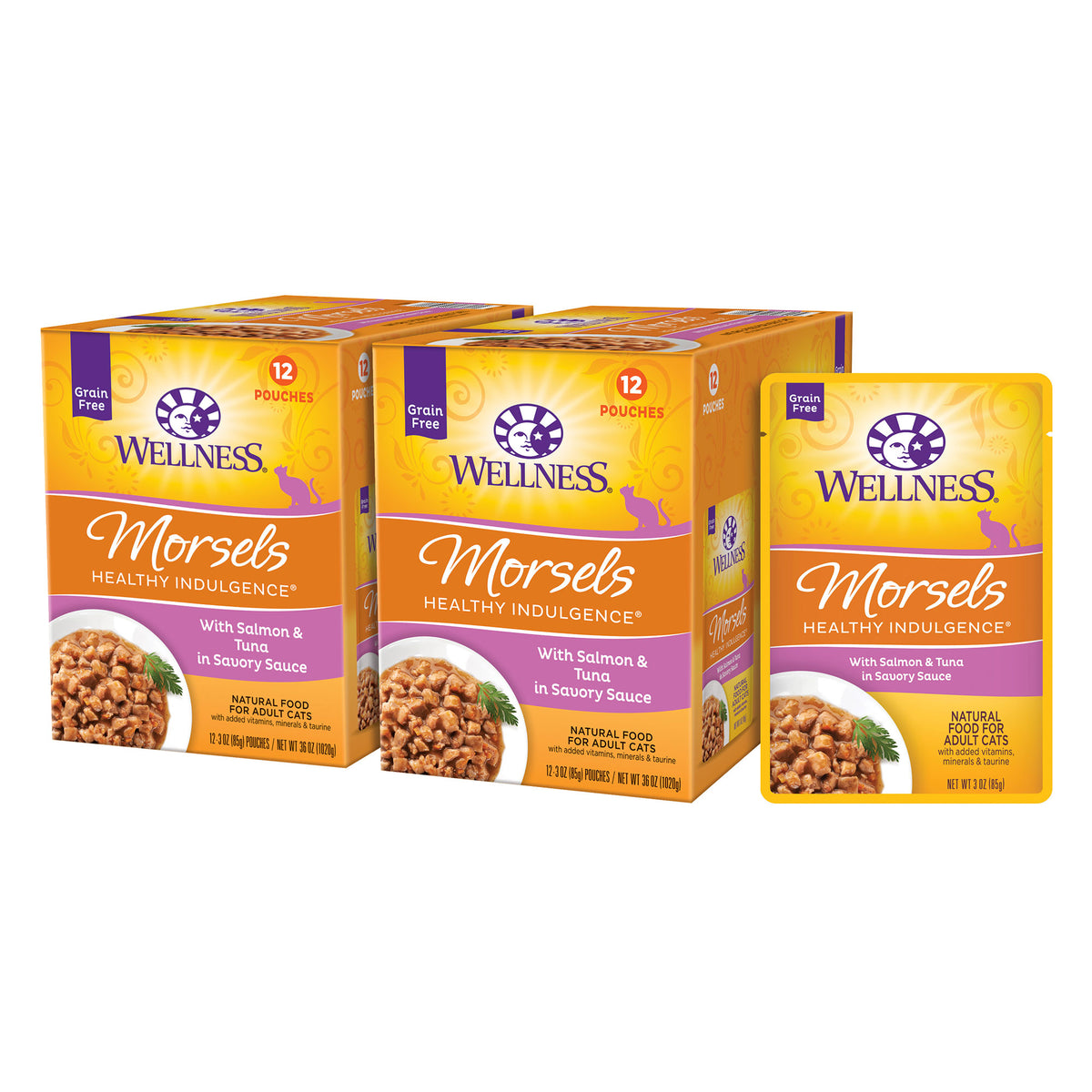 Wellness Healthy Indulgence Morsels Adult Wet Cat Food, Natural, Protein-Rich, Grain Free, 3 Ounce Pouch, 24 Pack, (Salmon & Tuna)