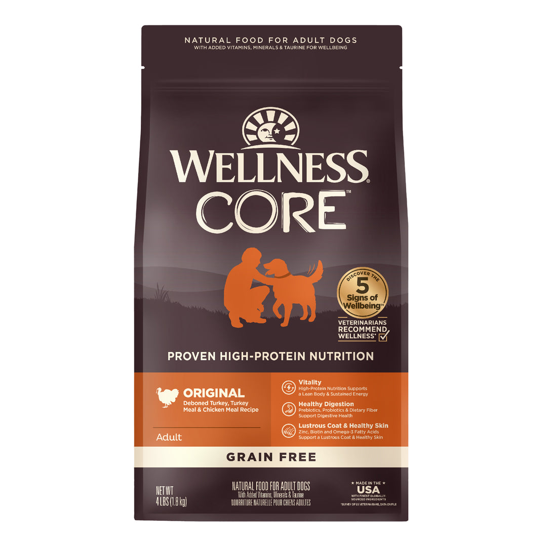 Wellness CORE Dry Dog Food, Grain-Free, High Protein, Natural, Original Deboned Turkey, Turkey Meal &amp; Chicken Meal Recipe, (4-Pound Bag)