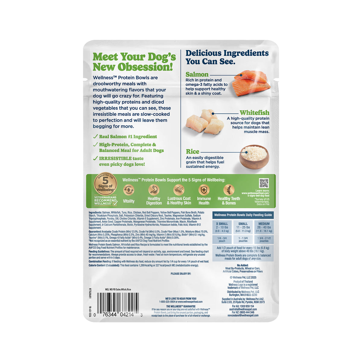 Wellness Protein Bowls, Adult Fresh Alternative Dog Food, Wholesome Grains, 6.2 Ounce Pouch, 6 Pack, (Salmon, Whitefish & Rice Recipe)