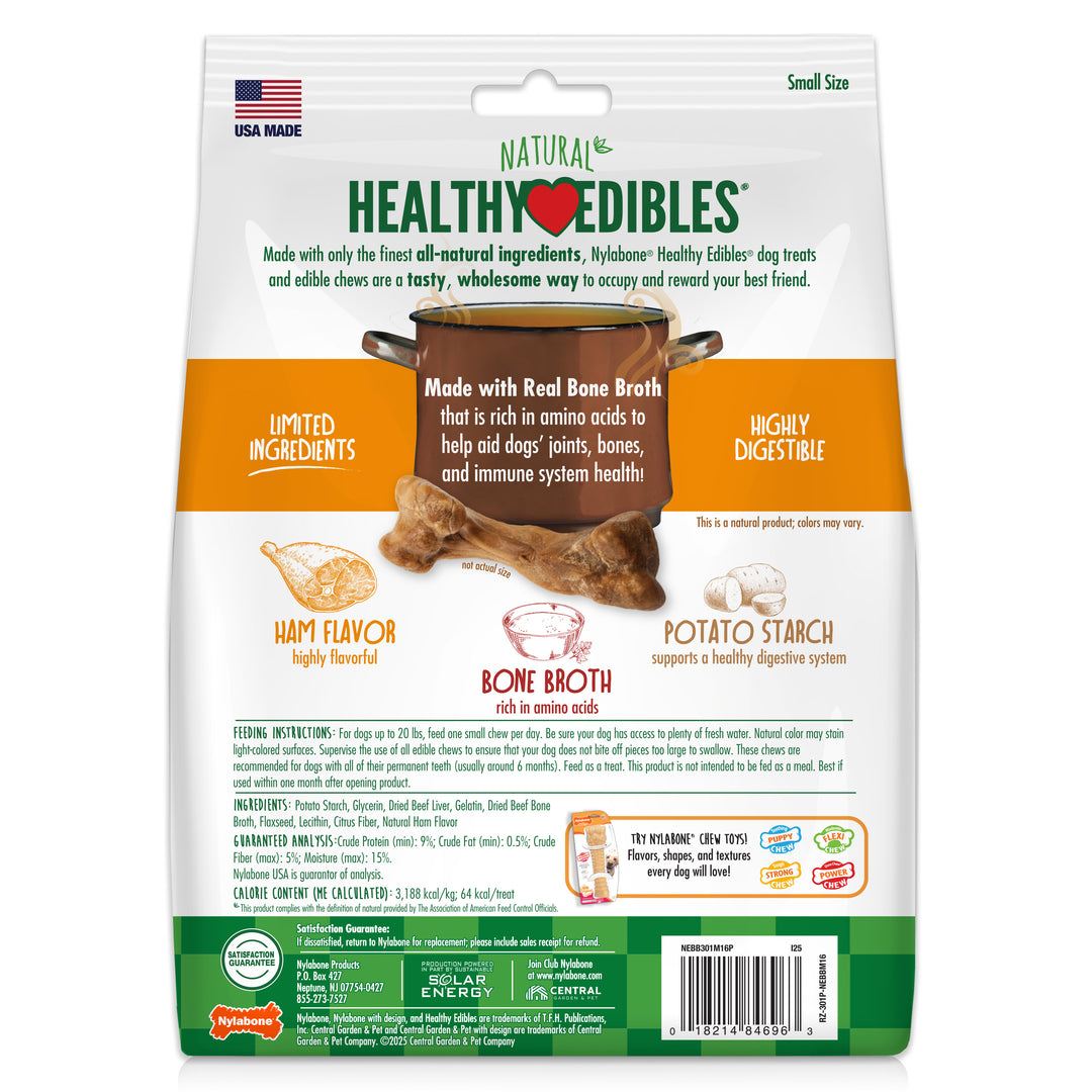 Nylabone Healthy Edibles Broth Bone All-Natural Long Lasting Chew Treats Ham Small (16 Count)
