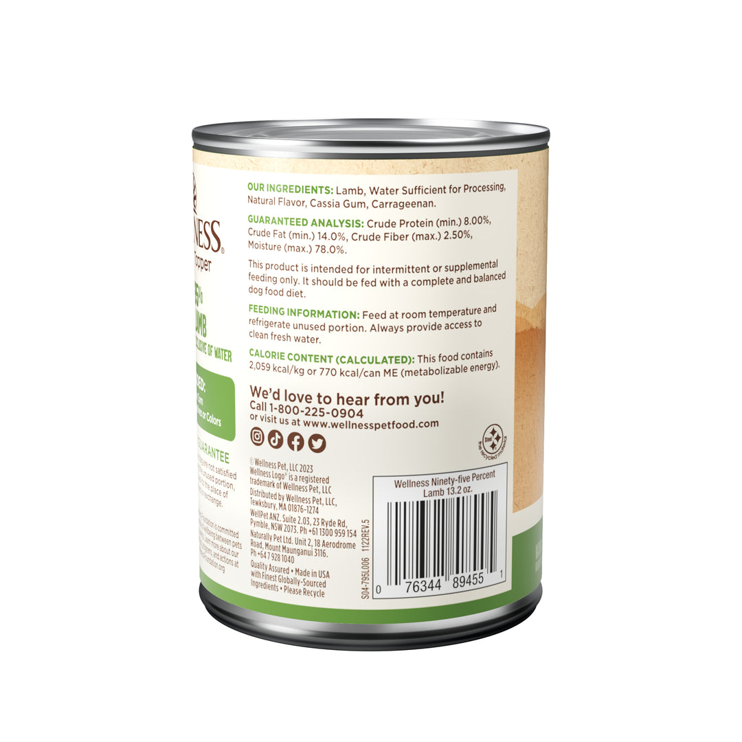 Wellness 95% Lamb Natural Wet Grain Free Canned Dog Food, 13.2-Ounce Can (Pack of 12)